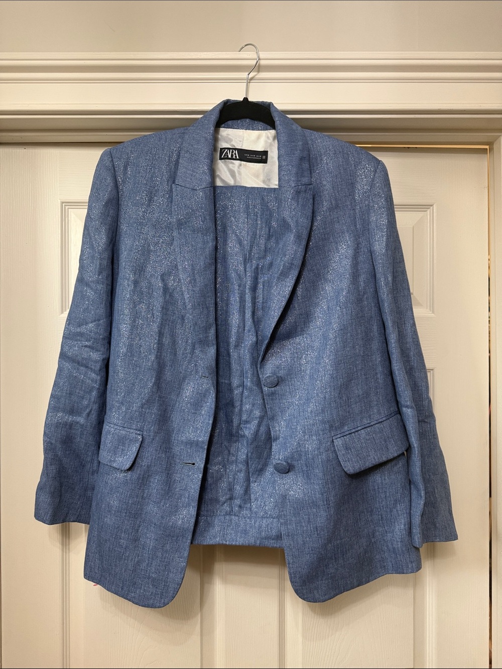 Zara Shimer Silver Blue Linen-Blend Women's Sport Coat & Pant Suit